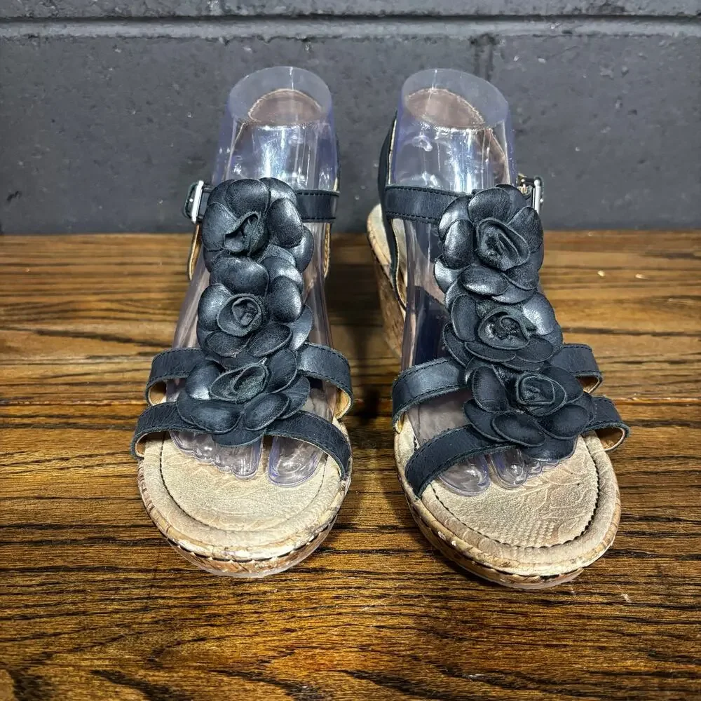 B.O.C. Born Concept Black Leather Floral Cork Wedge Sandals Women’s 9